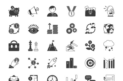 Business and finance symbols. Monochrome icons set isolate on white ba