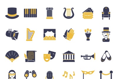 Monochrome icon set of theatre theme