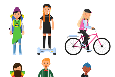 Hipsters make a trip. Bicycles riders. Vector characters set
