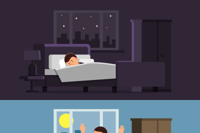 Illustrations of relaxed people. Sleeping man in bed in the night. Mal