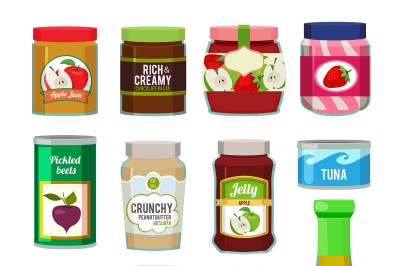 Jars with canned fruits and others different goods. Vector pictures in