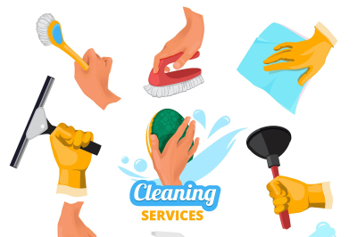 Womens hands with different tools for cleaning