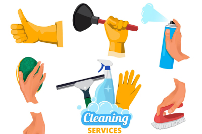 Colored symbols for cleaning service. Hands holding different tools