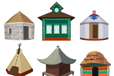 Traditional buildings and small houses of world different nations