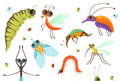 Set of funny cartoon insects isolate on white