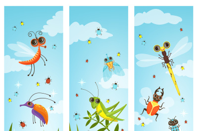 Vertical web banners with illustrations of cartoon insects