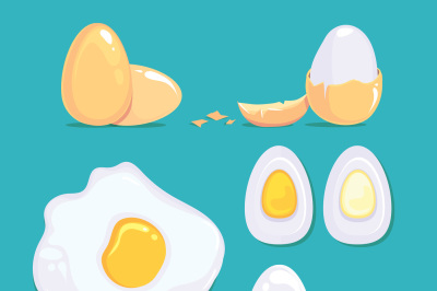 Raw and cooked eggs in different conditions. Vector cartoon pictures