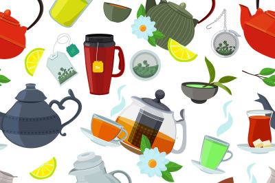 Tea kettles and cups. Vector seamless pattern