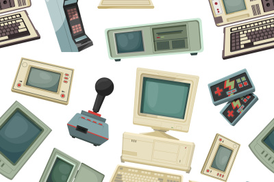 Seamless pattern with different vintage computers and gadgets