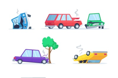 Vector pictures set of different accidents on the road. Big damage of 