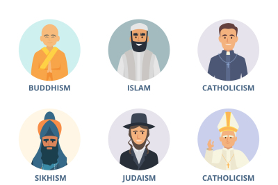 Round avatars set with pictures of religion leaders