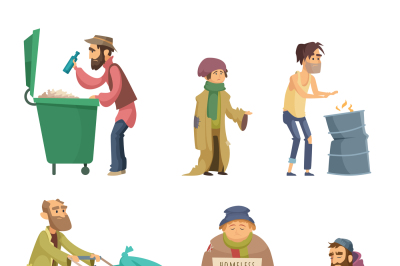 Poor and homeless adults people. Vector characters set