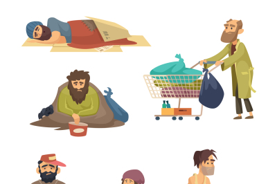 Unhappy dirty poor and desperate peoples. Vector characters set