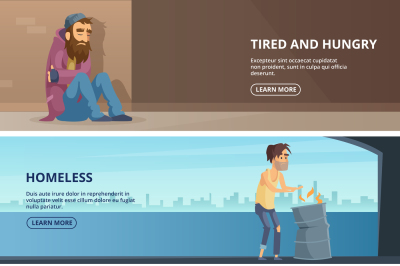 Vector horizontal banners with illustrations of poor and homeless peop