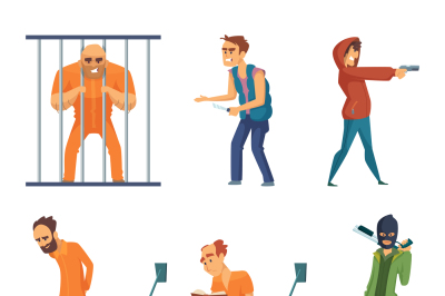 Criminals and prisoners. Set of characters in cartoon style