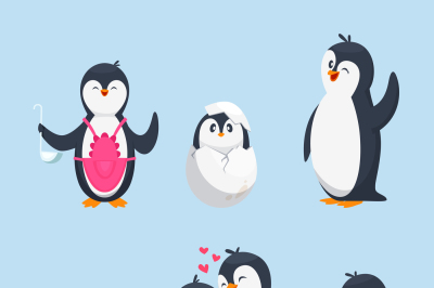 Funny pinguins in different action poses. Cartoon mascots isolate