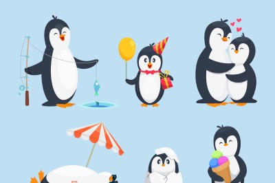 Illustrations of baby pinguins in different poses. Vector cartoon pict