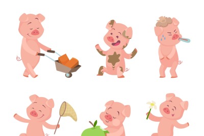 Cartoon funny pigs in action poses