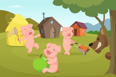 Three little pigs near their small houses and scary wolf