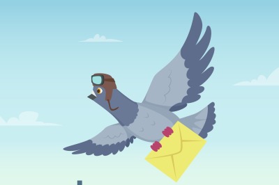 Mailing service with flying pigeons. Air delivery symbols