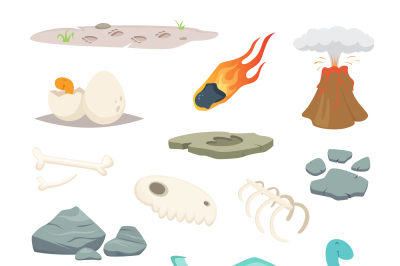 Dinosaurs, stones and other different symbols of prehistoric period