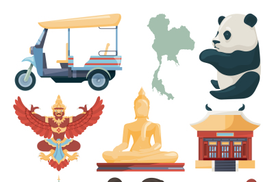 Vector illustrations of traditional landmarks of Thailand with Muay Th