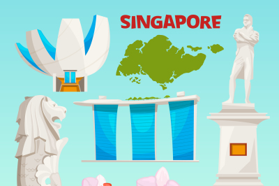 Landmarks icons set of singapore. Cartoon cultural objects isolate on 