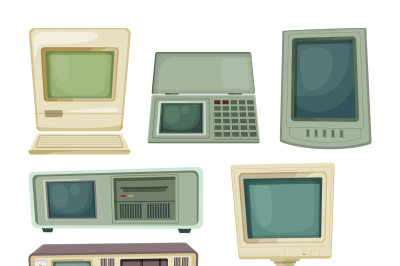 Vintage illustrations of desktop computers and other different technic