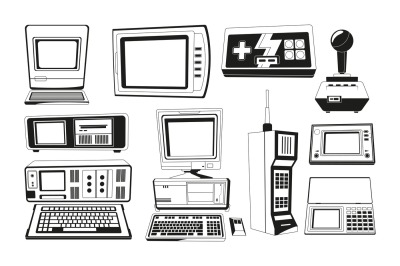 Monochrome illustrations of technician gadgets