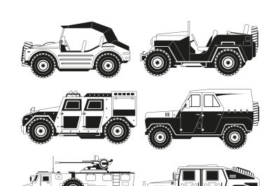 Monochrome pictures of military vehicles. Illustrations of army