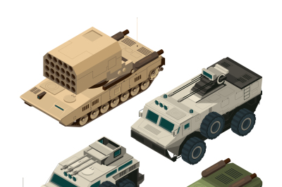 Isometric pictures of army heavy vehicles. Vector pictures set