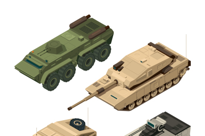 Vector isometric pictures set of different military vehicles isolate o