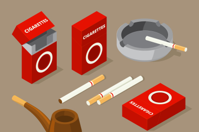 Vector isometric illustrations of cigarettes and various accessories f