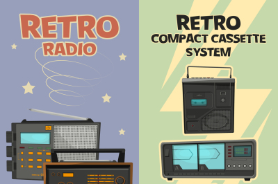 Vertical banners with illustrations of vintage recorders and radios