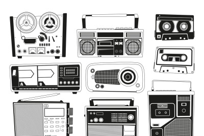 Monochrome pictures set of various vintage audio recorders