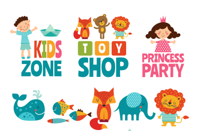 Funny illustrations of kids and animals. Vector logos for childrens