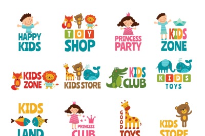 Different logos for kids with funny colored illustrations