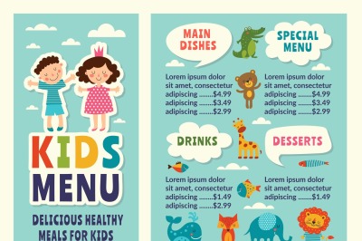 Design template of kids menu with colored funny pictures and place for