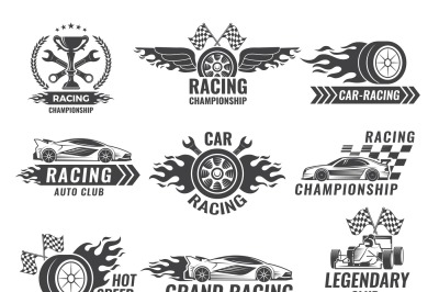 Monochrome labels and badges of sport labels. Racing cars