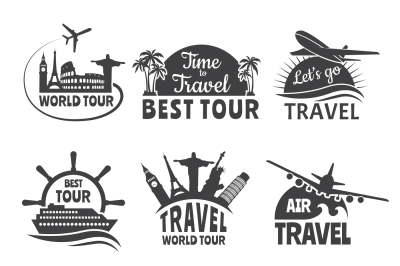 Travel labels set with illustrations of airplane