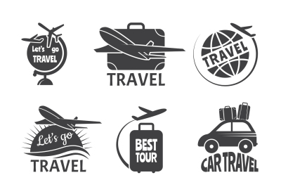 Vector label or logos forma travelling theme. Monochrome pictures of a