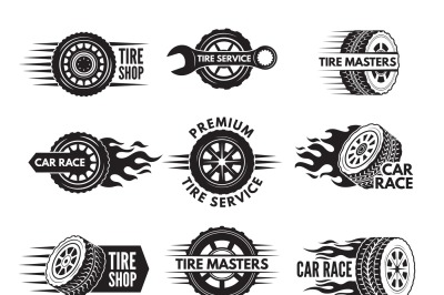 Race logos with pictures of different cars wheels