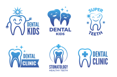 Labels and logos set of dental theme and illustrations of healthy teet