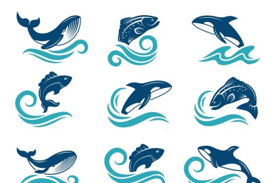 Stylized pictures of marine animals. Sharks, fishes and others. Symbol