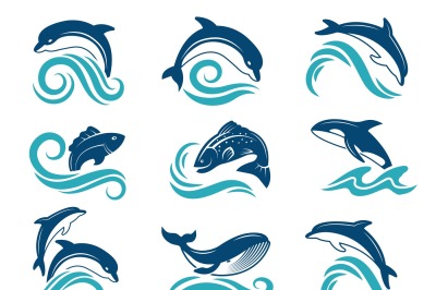 Pictures of dolphins and other marine animals. Logo design template