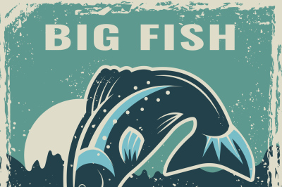 Retro poster of fisherman club with illustration of big fish