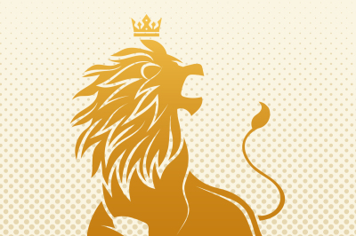 Poster with monochrome illustration of lion king. Design template with