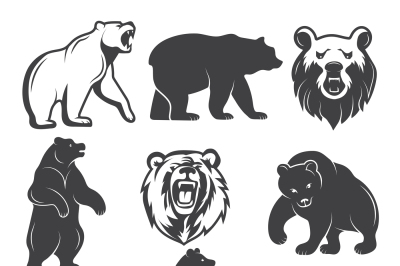 Monochrome illustrations of stylized bears. Pictures set for logos or 