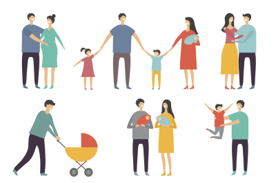 Stylized illustrations of happy family. Adults and kids