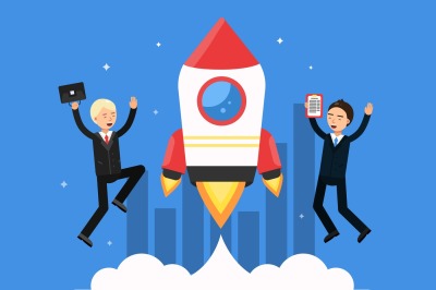 Concept picture with symbols of startup. Rocket and happy businessmen